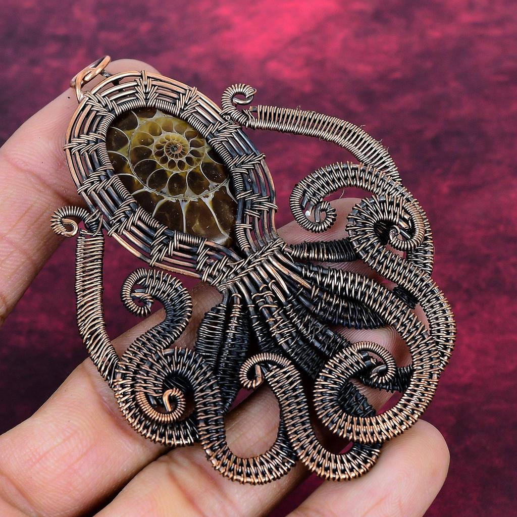 Ammonite Fossil Gemstone Pendant Octopus Pendant Copper Wire Wrapped Jewelry