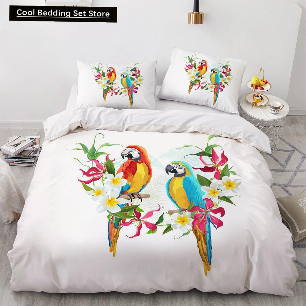 Blume Vogel Königin König Bettbezug Bunt Tropisch Floral Bettwäsche Set für Frauen Aquarell Pflanze 2/3tlg. Polyester Steppdeckenbezug