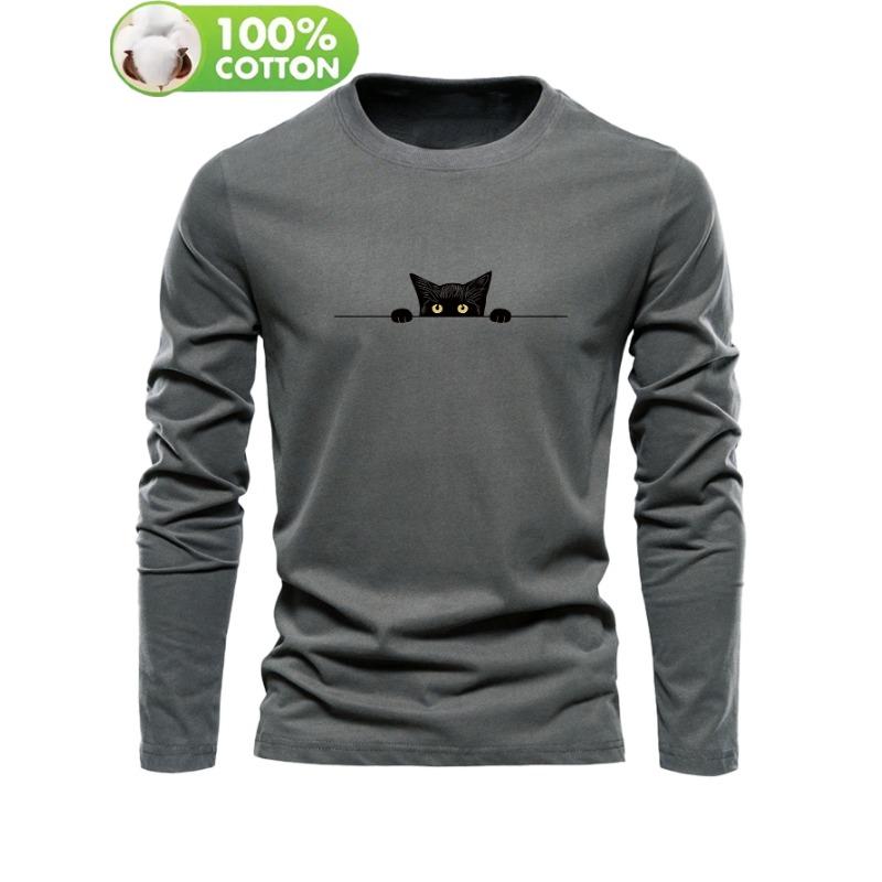 Men's 100% pure cotton loose and comfortable sports and leisure cat pattern printed round neck long sleeved T-shirt top