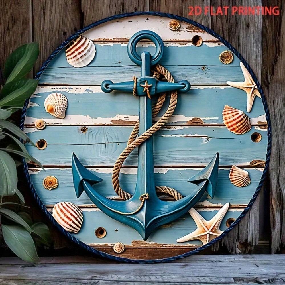 AnchorShore 8 Pollici Decorazione Murale Nautica Rustico Costiero Segno da Appendere in Ferro Ancora Conchiglia Marina Finitura Blu Bar di Casa Casa al Mare