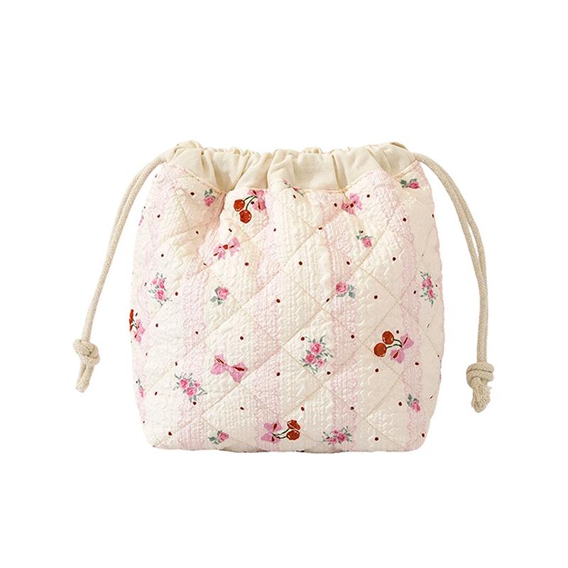 Cotton Quilted Drawstring Makeup Bag, Travel Toiletry Organizer, Cute Drawstring Gift Bag For Women & Girls