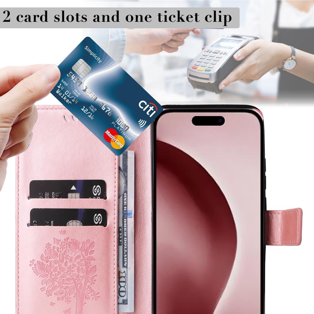 For iPhone 16 Pro Phone Case with Stand Cat Tree Pattern Leather Wallet Mobile Cover