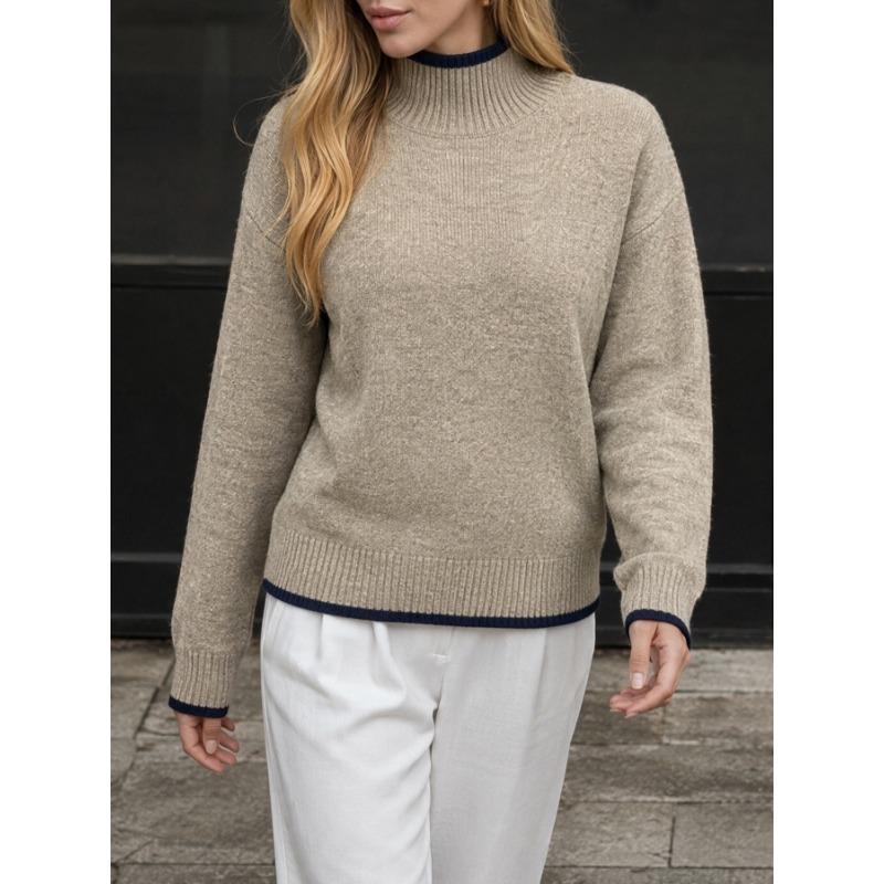 Women Half Turtleneck Color Block Long Sleeve Knitted Loose Pullover Sweater Casual Bottoming Top