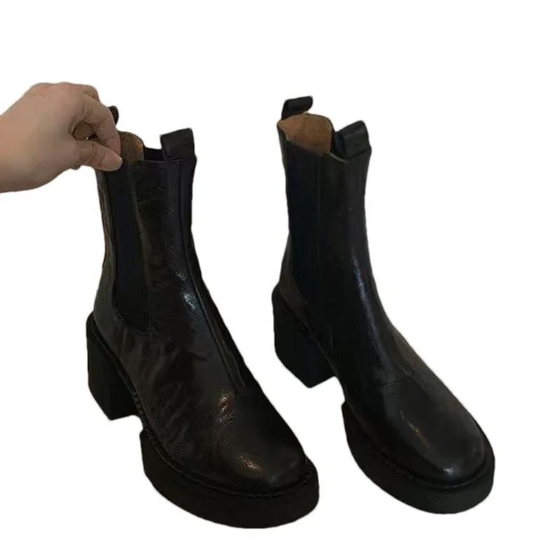 Botine pentru femei cu platformă groasă, cu toc mijlociu, pantofi de designer, pantofi de designer, la modă de iarnă, pantofi clasici gotici.