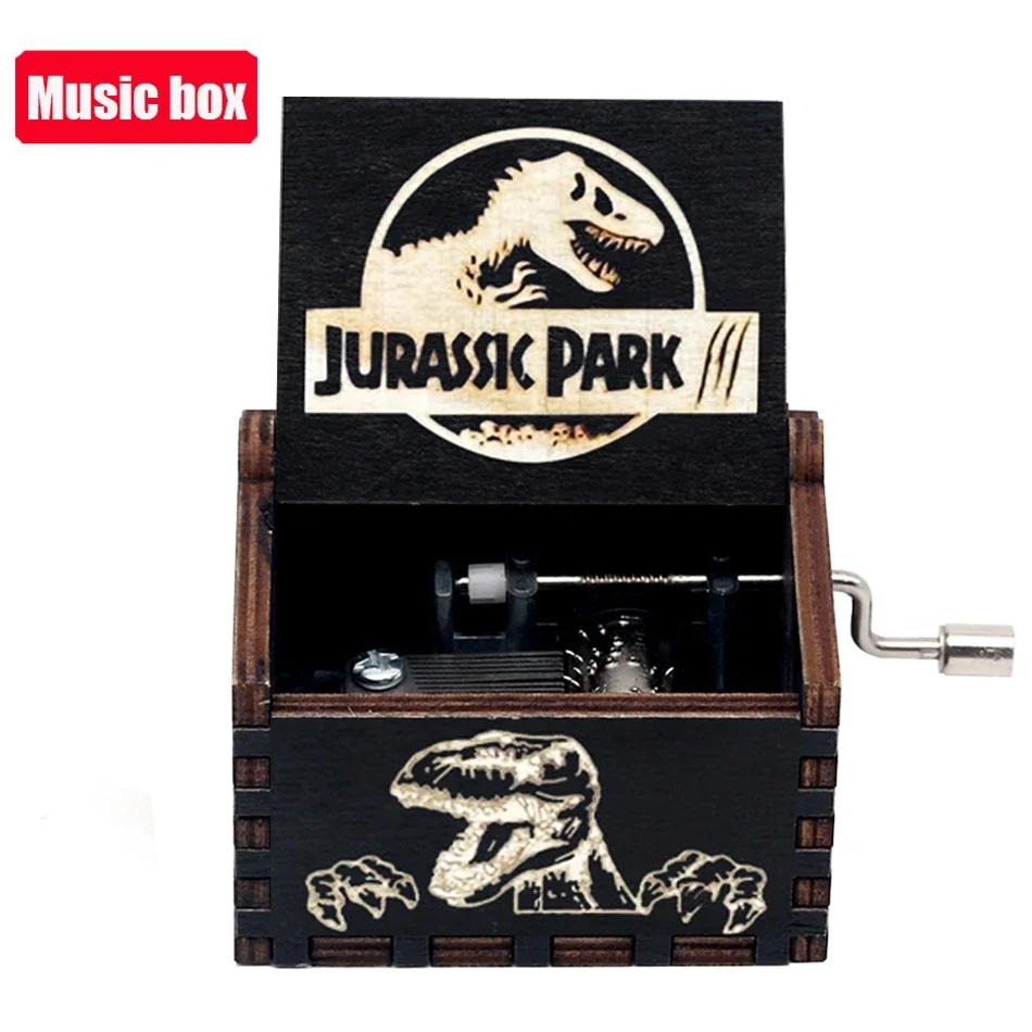 **Hot Antique carved Wooden Hand Crank Jurassic Park Music Box Action Toy Figure Anime Model Christmas Birthday Gift