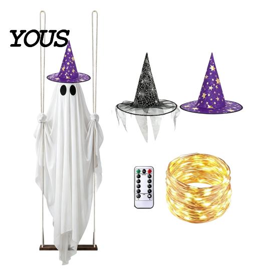 Remote Control Ghost Decor Halloween Swing with 2 Hats, Ornament LED Tree Hanging String Light, Glowing for Porch Garden Witch Hat