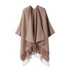 Solid Black Tassel Hem Open Front Poncho Cape Soft Faux Cashmere Wrap Shawl for Women