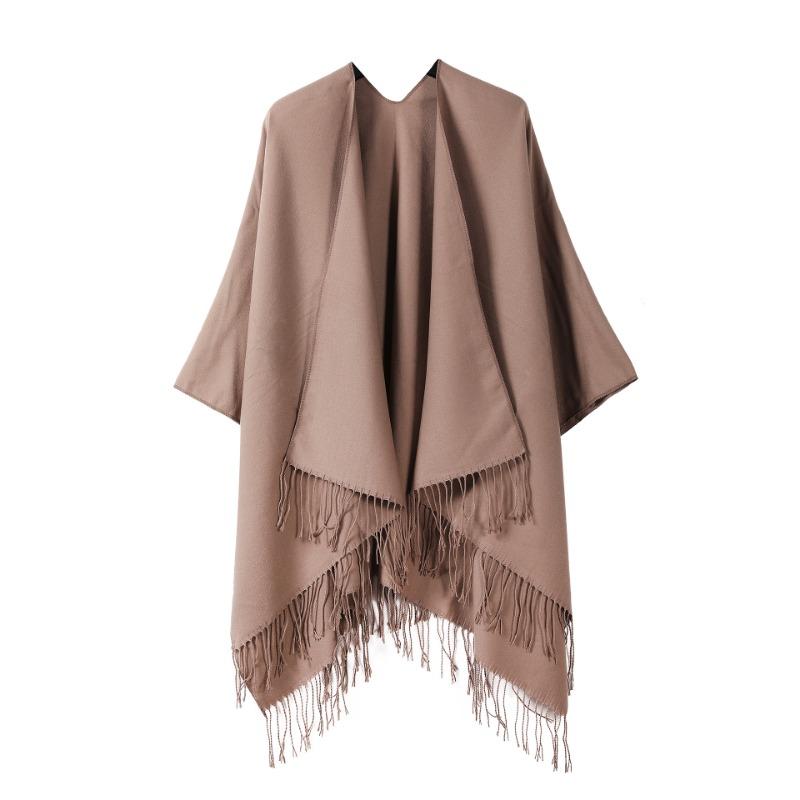 Solid Black Tassel Hem Open Front Poncho Cape Soft Faux Cashmere Wrap Shawl for Women