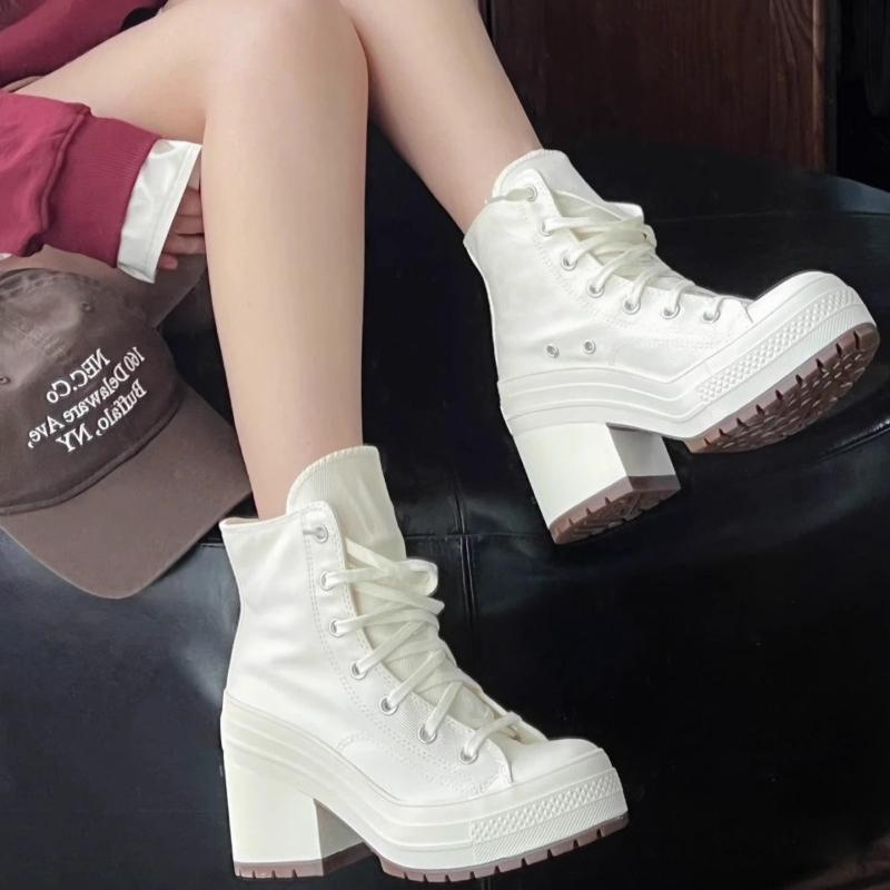 Fashion 2025 Women's Mid-tube Mid-heel Canvas Fashion Boots Spring and Autumn New Rubber Sole Lace-up Square Heel Anti-slip