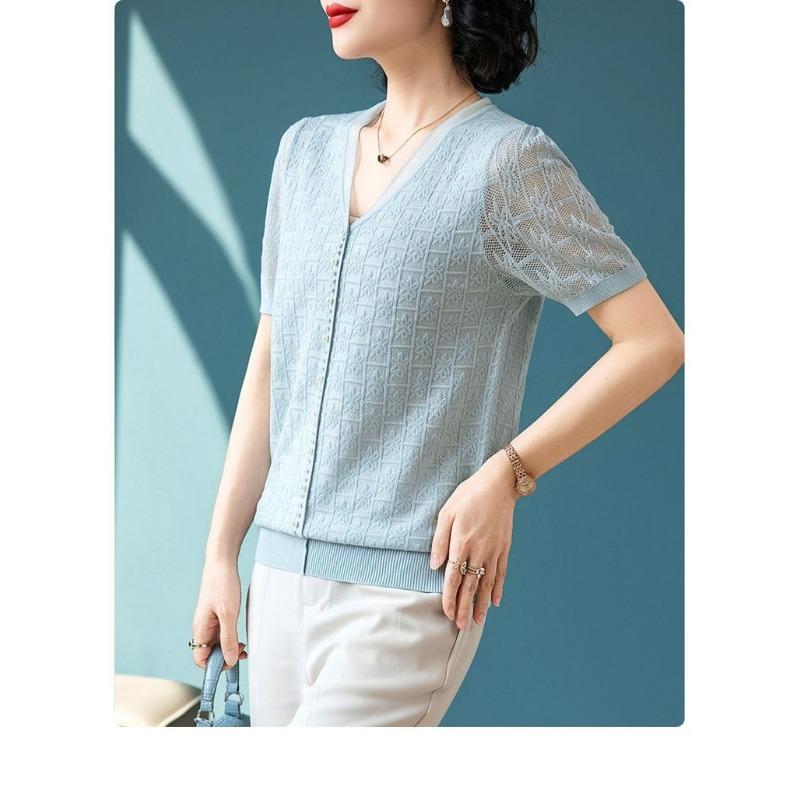 Women Light Blue V Neck Short Sleeve Knit Cardigan With Lace Openwork And Pearl Buttons