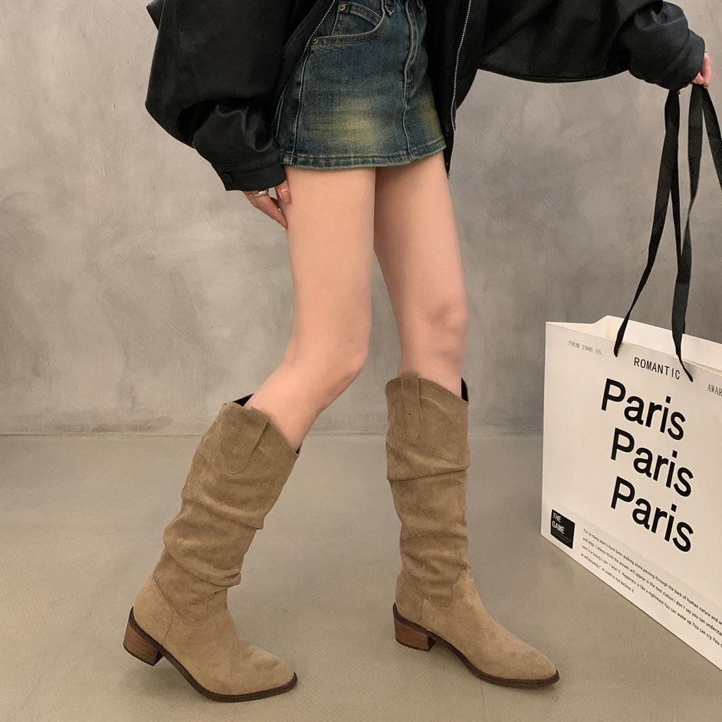 Retro brown V-mouth long boots 2025 autumn new thick heel suede tall knight boots popular western pile