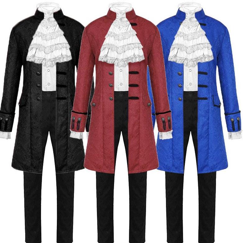 Men's European & American Punk Retro Jacquard Overcoat with Stand Collar and Ruffle Shirt Set (2024)