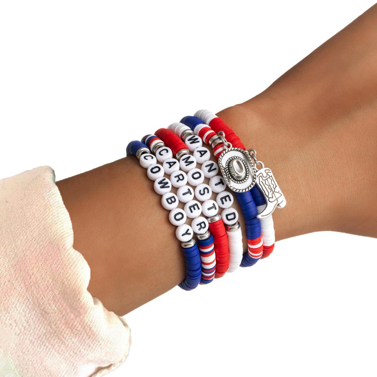 

6 pieces of Independence Day color matching soft ceramic bracelet, multi-layer stacked Western style cowboy hat boots bracelet