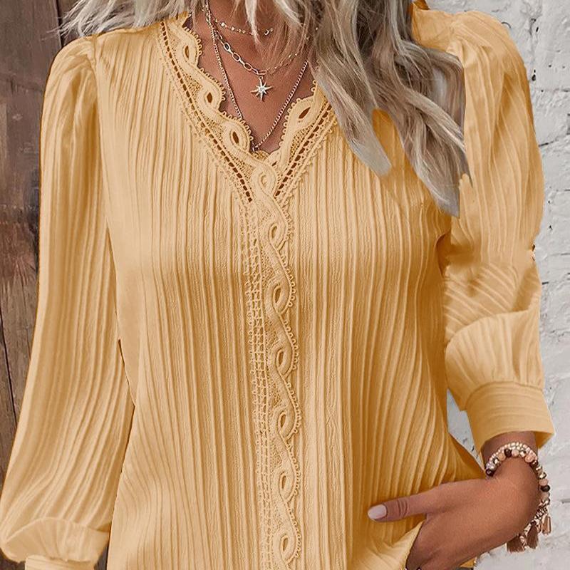 Plus Size Dame V-hals Langermet Bluse Blondekant Skjorte Høst Casual Kontorantrekk Topper