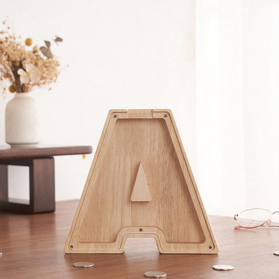 Wooden Piggy Bank with Clear Window, A-Z Letter Coin Cash Container for Kids Adults, Unbreakable Money Saving Box Decoration