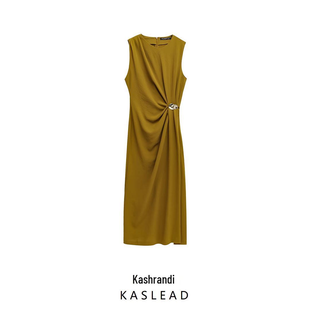 

2025 Spring Women s European & American Style Pleated Sleeveless Midi Dress Small