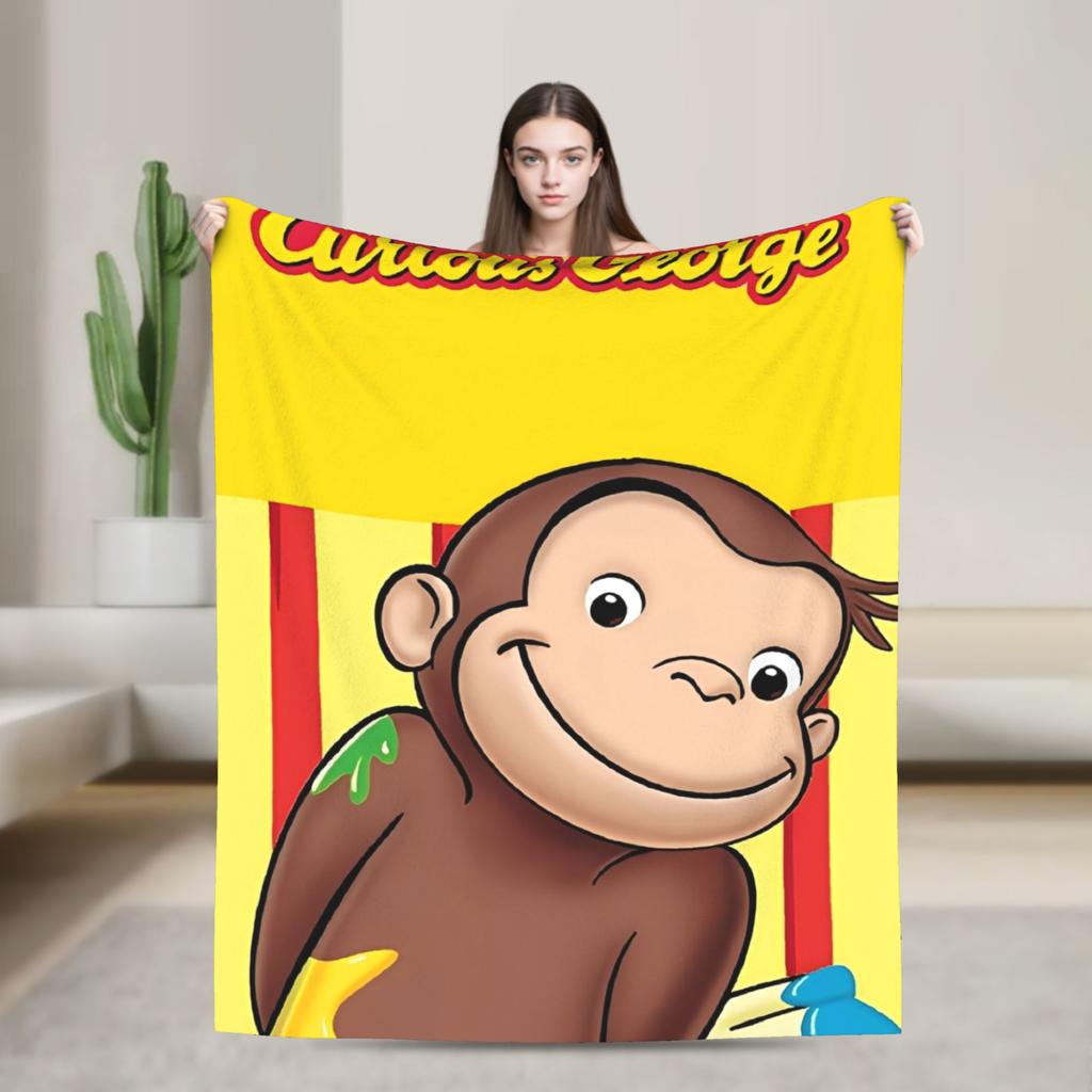 Cartoon Curious George Flannel Blanket  Soft Warm Throw Blanket for Couch Chair Decorative Funny Bedspread Sofa Bed Cover