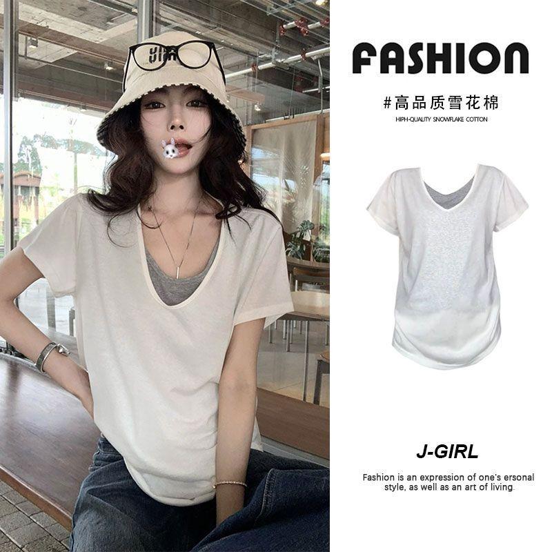 Stack Two Fake Contrasting Color Short-sleeved T-shirts for Women New Slimming and Flesh-covering Casual Lazy Half-sleeved Tops