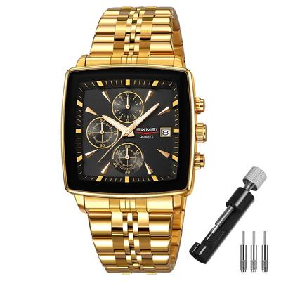 Herren-Quadratuhr Schwarzer Edelstahl Wasserdicht Chronograph Großes Zifferblatt Business Casual Luxusgeschenk Gold Schwarz