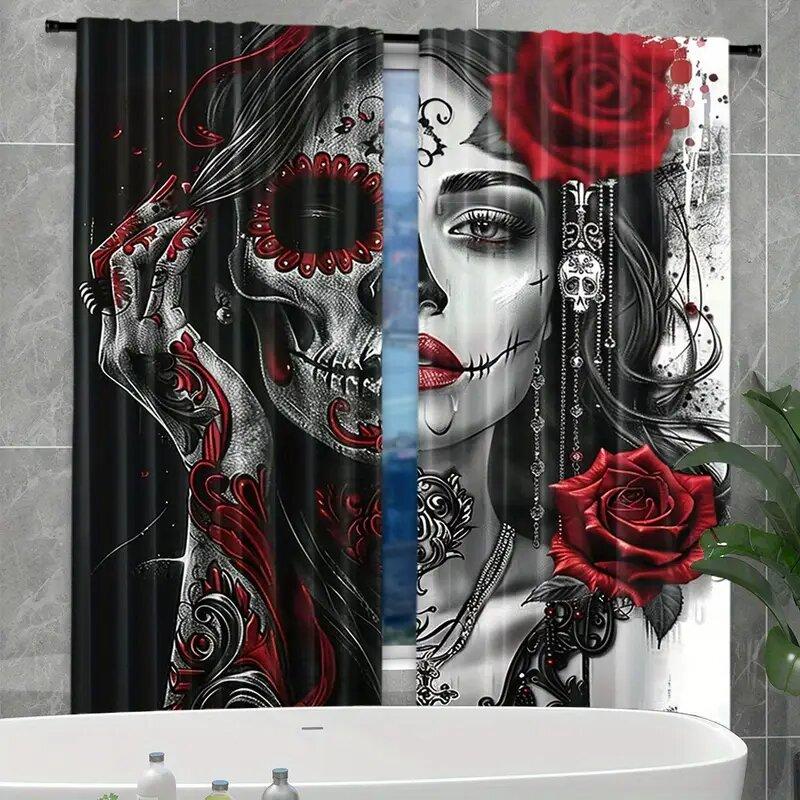 2pcs Gothic skeletons and red roses printed curtains   pole bag curtains   bedroom living room   home decoration   room decoration
