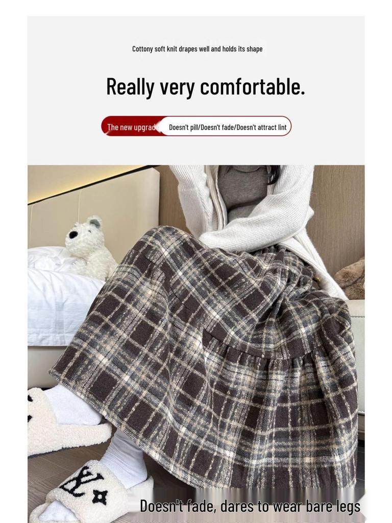 Vintage Plaid Wool A-line Skirt for Women - High Waist, Mid-Length, Autumn/Winter 2025 Collection