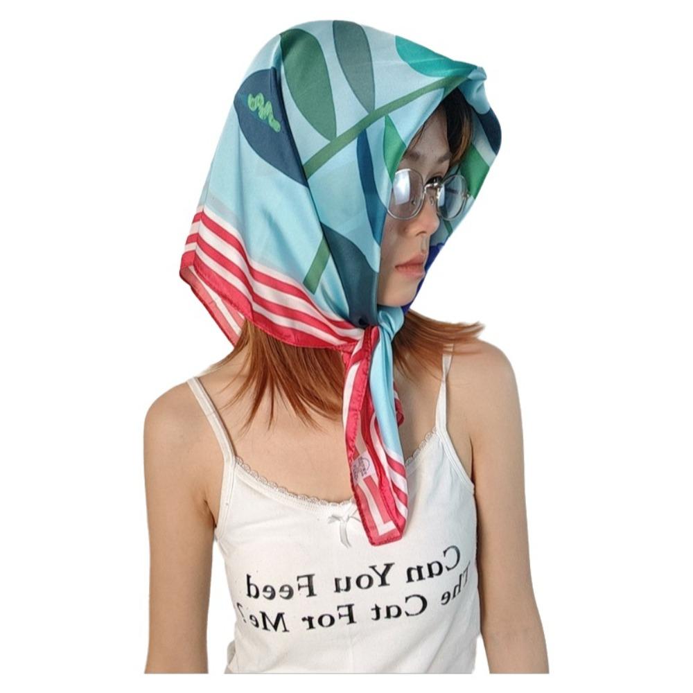 Breathable Flower Printed Scarf Satin Fabric Bandana Head Scarf Square Headband  Women's Accessory