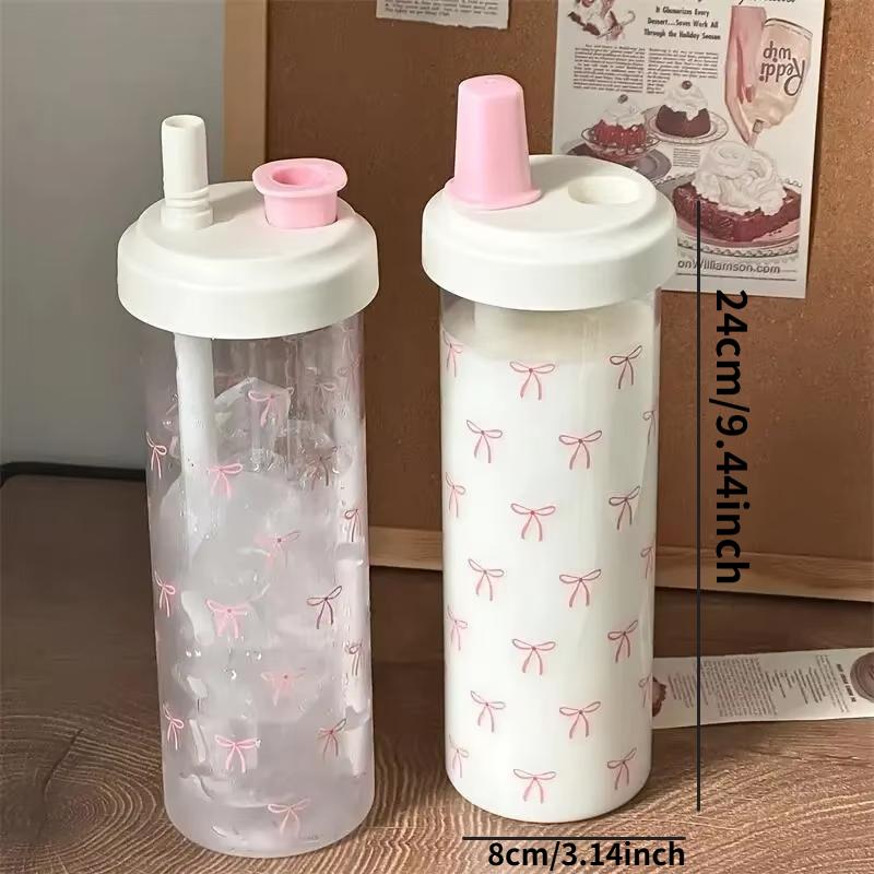 Bow Glass Cup with Transparent Straw, Cute Portable Water Bottle for Outdoor School Use, Ideal for Drinking At Home & Travel