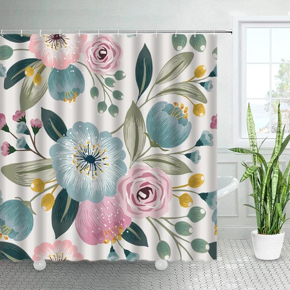 Pink Floral Shower Curtains Dandelion Watercolor Flowers Green Plants Leaves Home Decor Bathroom Fabric Bath Curtain With Hooks