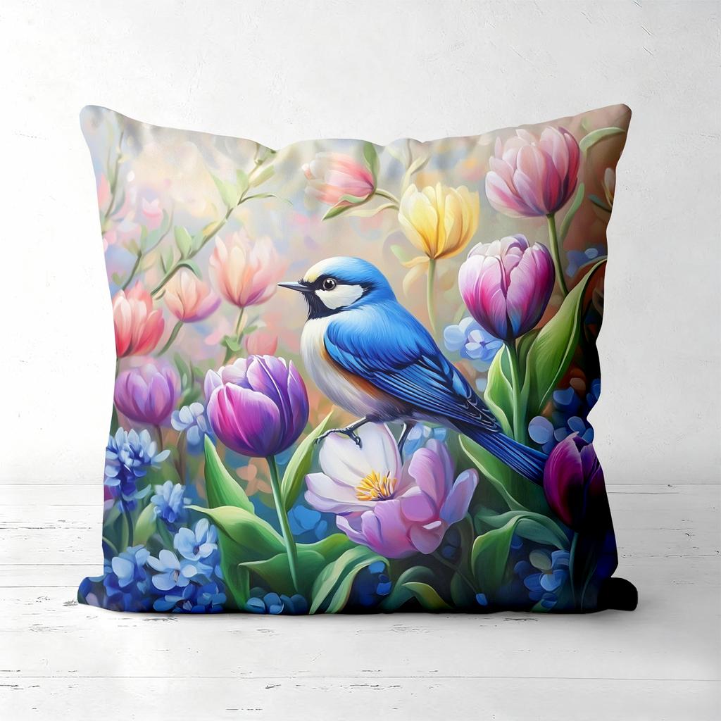 Blue Bird Flower Mountain Scenery Pattern Cushion Cover Polyester Pillowcase, Sofa Decorative Cushion Cov Headboard Pillow