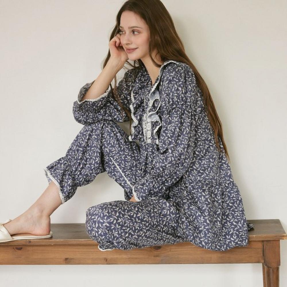 Lunaluz Women S Botanical Modal Cotton Long Sleeve Round Neck pajamaS Set navy/free