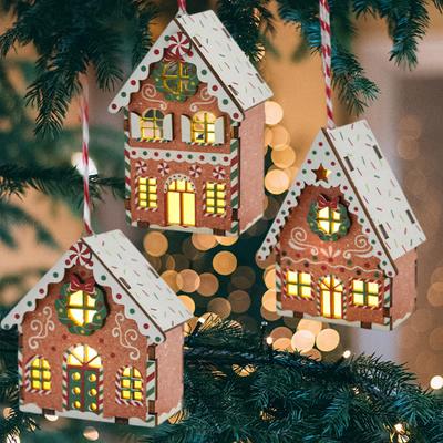 Christmas Gingerbread House Ornament Wooden Light Up Village House Christmas Tree Hanging Ornaments for Holiday Winter Home Party Tree Decor