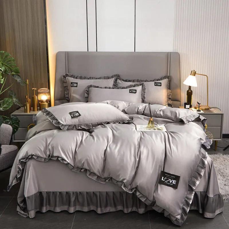 Koreanisches seidiges, nacktes Schlaf-Vierteiler-Set, einfarbig, Frühling/Sommer, Spitzen-Bettbezug, Bettrock-Set, hochwertige Heimtextilien, Doppelbett-Bettwäsche-Sets