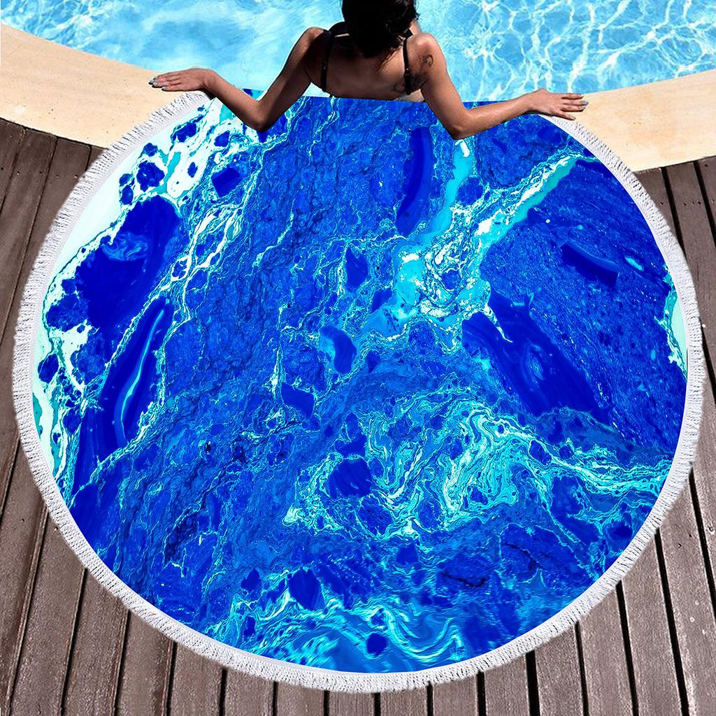 Marble Round Beach Towel with Tassels, Microfiber Quick Dry Beach Blanket Circle Swim Pool Towel Yoga Mat Meditation Picnic Rug