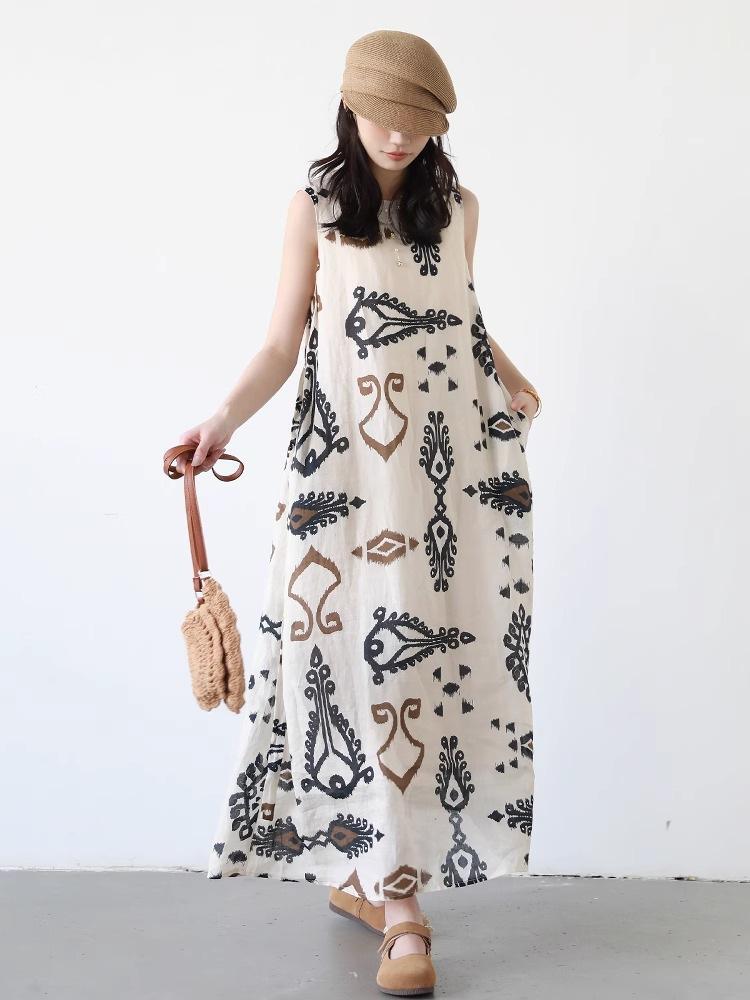 

Летнее ретро платье-жилет без рукавов с принтом для женщин, в отпускном стиле, со шнуровкой на талии, из хлопка и льна M