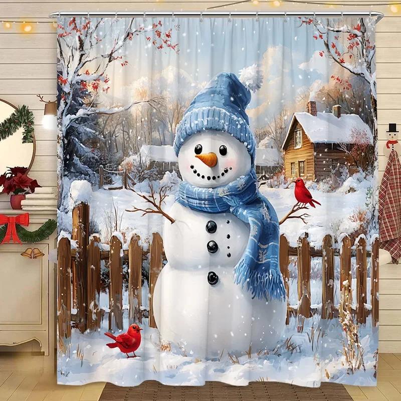 Christmas Shower Curtain Snowman Santa Claus Winter Snow Scene Christmas Gift Polyester Fabric Shower Curtains Bathroom Decor