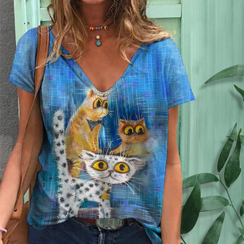 Women's pullover short-sleeved round neck 3D digital printed loose T-shirt