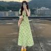 Green V-neck Floral Dress, Children's New Summer Models, Popular This Year, Great-looking and Beautiful Long Dress