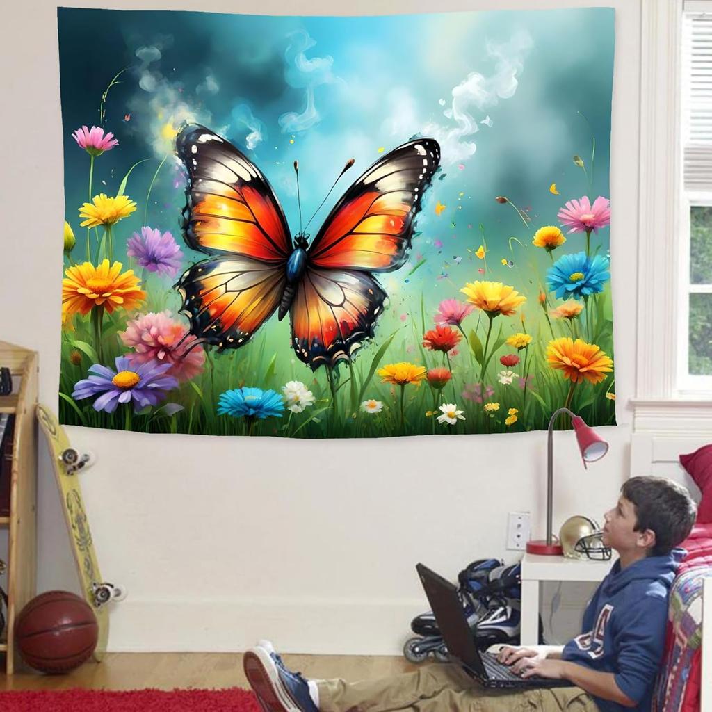 Vibrant Giant Monarch Butterfly Tapestry, Colorful Wildflower Meadow Cloud Sky Nature Art Wall Cloth For Bedroom Fresh Decor