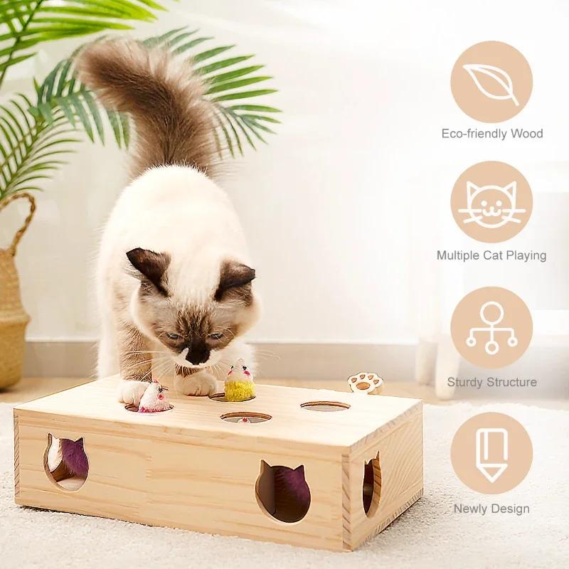 Cat Toys Interactive Whack-a-mole Solid Wood Toys for Indoor Cats Kitten Catch Mice Game