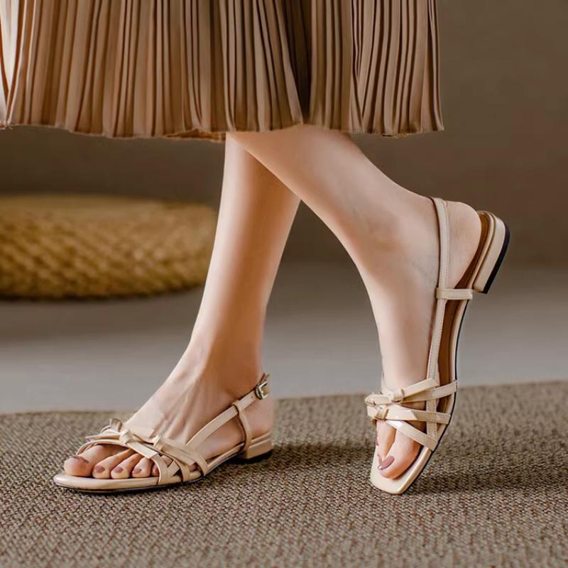 Fashion 2025 Summer Casual Flats Sandals Retro Simple Open-toed Red Leather Woven Belt Sandal Women Party Shoes Sandalias De Mujer