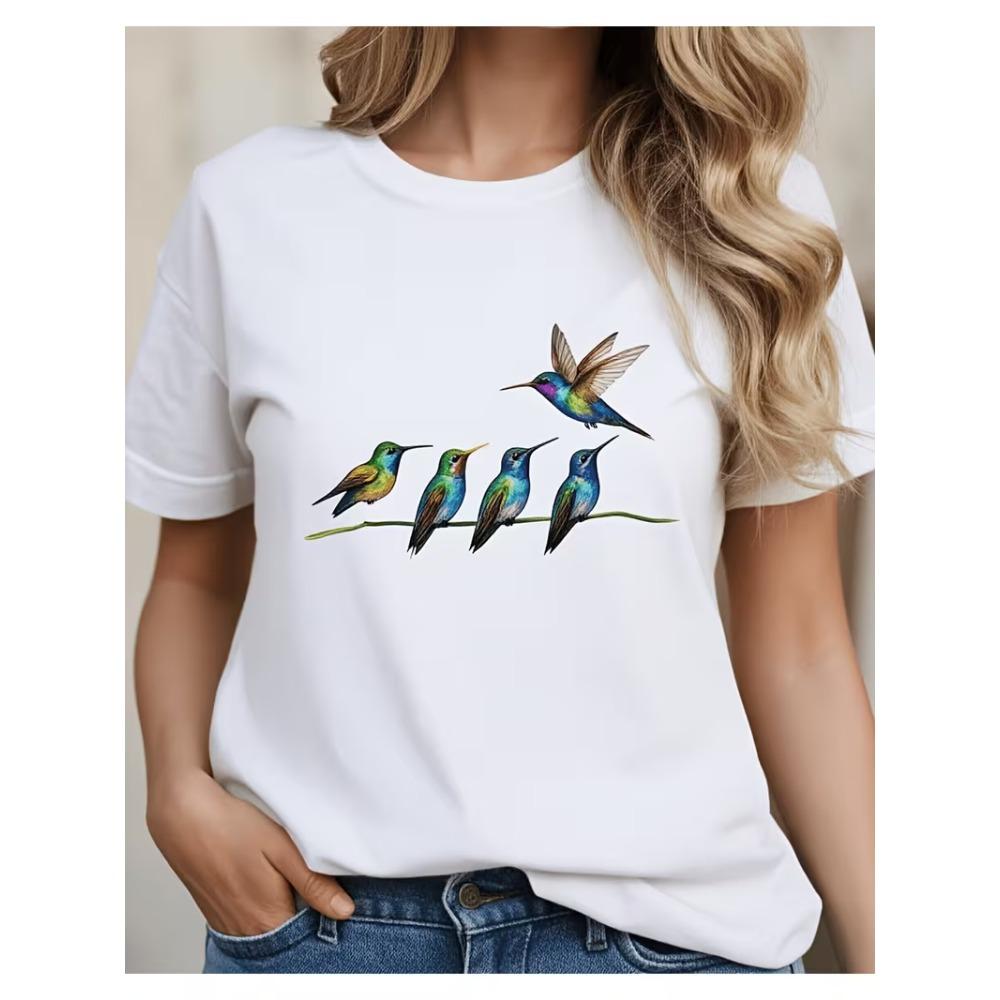 Colorful Hummingbird Graphic T-Shirt Women’s Crew Neck Casual Short Sleeve Colorful Bird Print Soft Comfortable Top