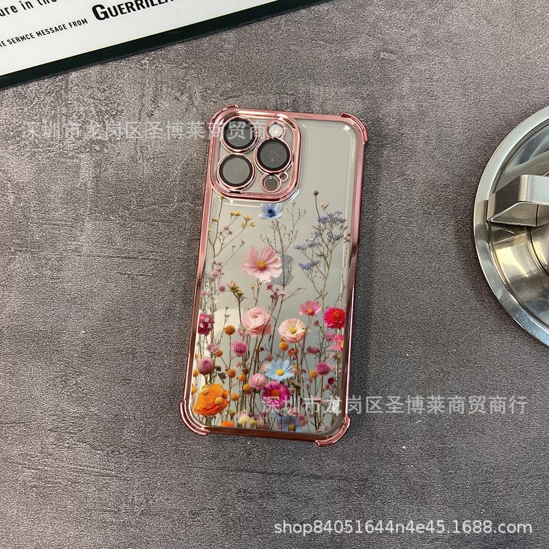 Full Screen Flower Suitable for iPhone17 Mobile Phone Case Four Corners Anti-drop Airbag 16promax Lens Film 15 Protective Case
