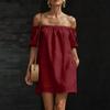 Damen Schulterfreies Kurzarm Lockeres Baumwoll-Leinen-Kleid Lässiges Pullover-Design mit Entspanntem und Bequemem Stoff