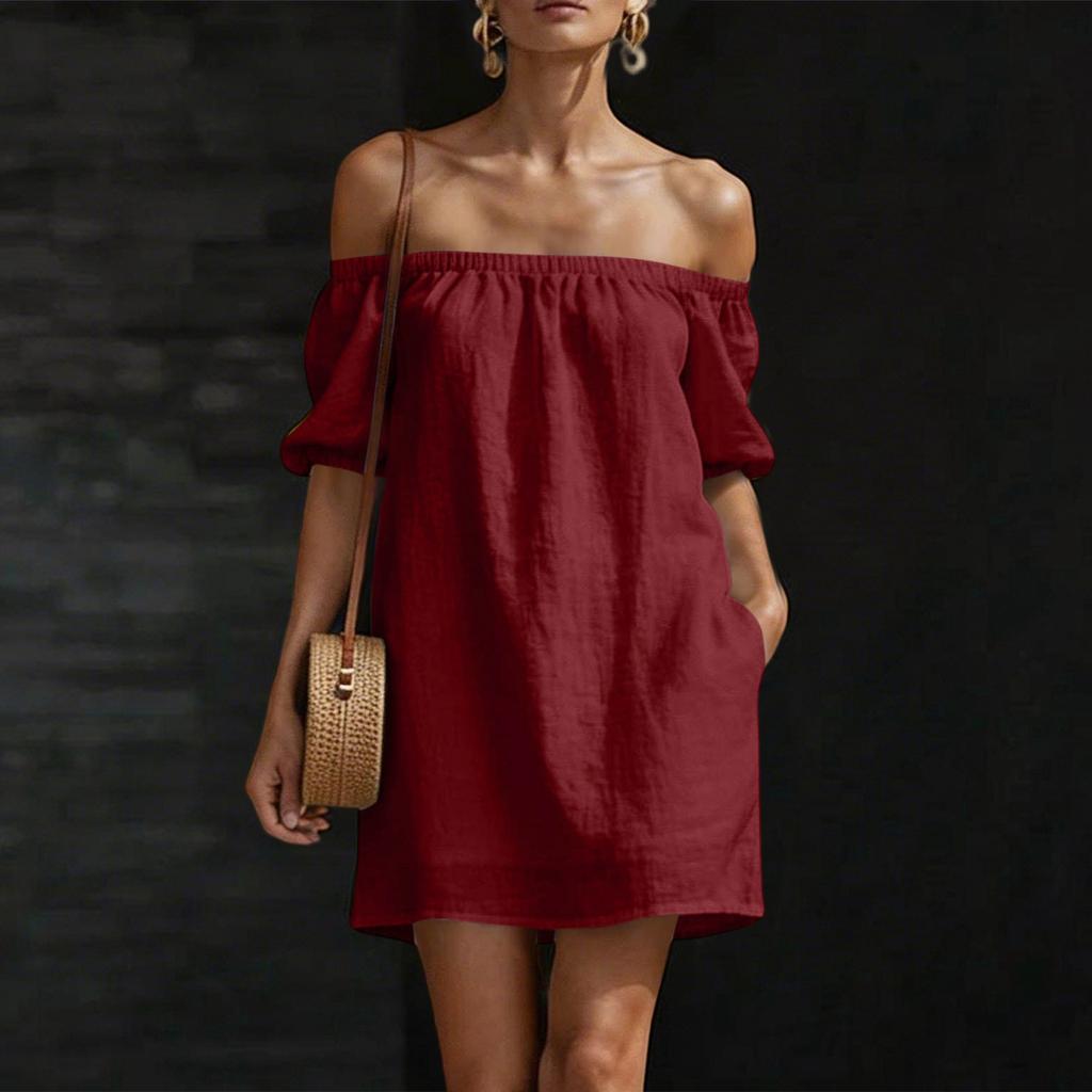 Damen Schulterfreies Kurzarm Lockeres Baumwoll-Leinen-Kleid Lässiges Pullover-Design mit Entspanntem und Bequemem Stoff