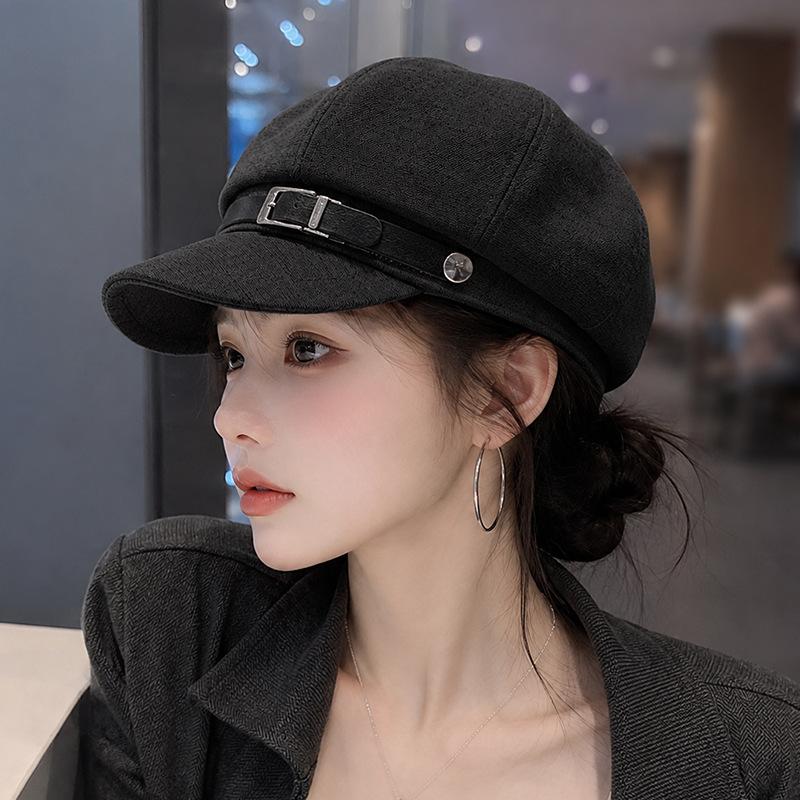 Autumn and winter solid color decorative British temperament duck tongue octagonal hat women's retro casual versatile leather standard beret