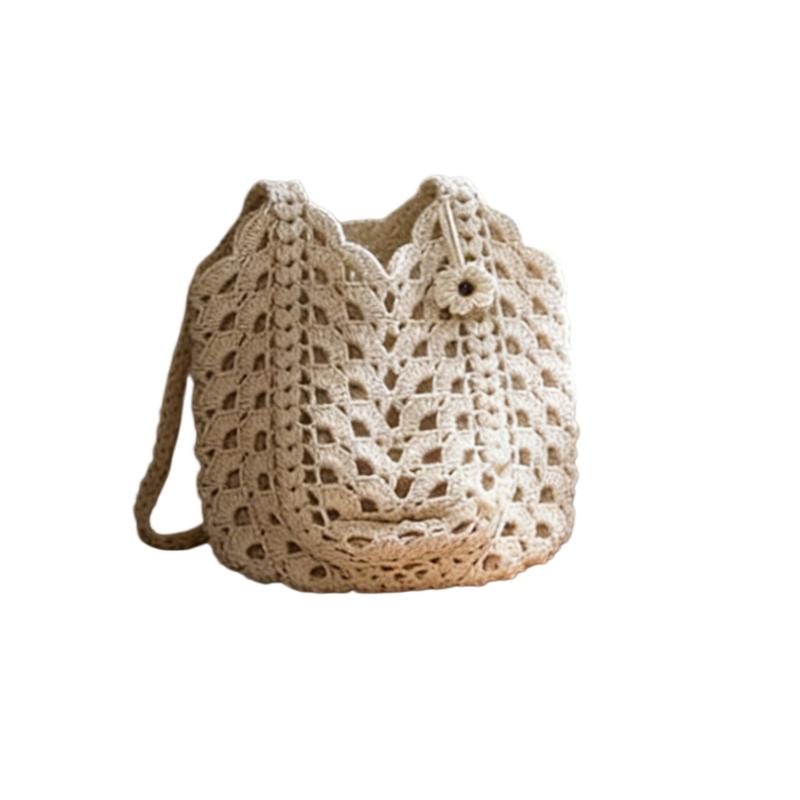 

Cotton Rope Handmade Woven Handbag for Women Leisure Hollow Out Tote Bag Fashionable Flower Decoration Vacation Beach Bag