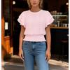Women Round Neck Eyelet Embroidery Ruffle Sleeve Smocked Waist Casual Blouse Tops