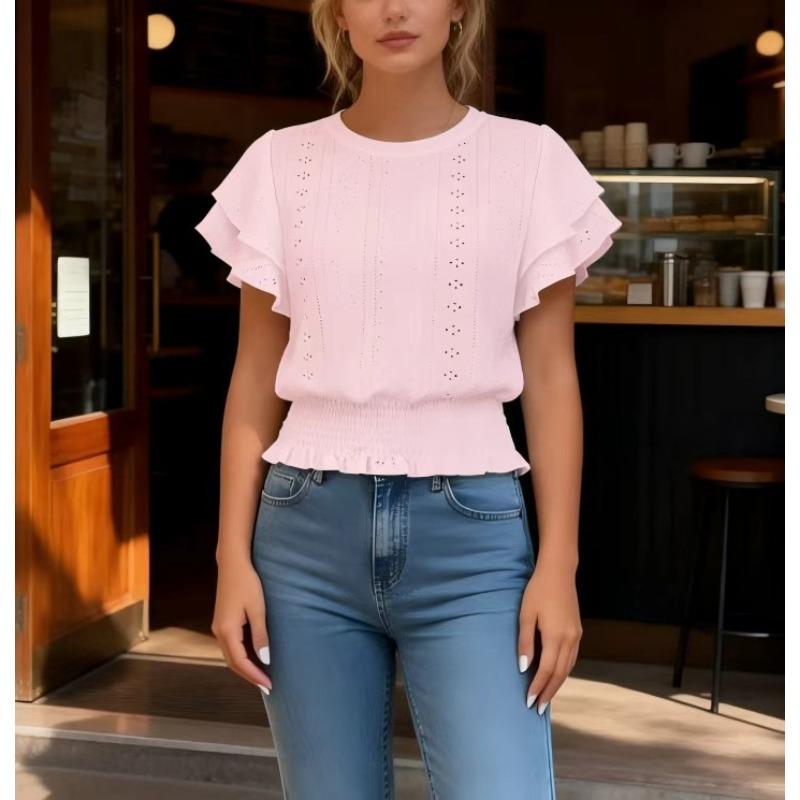 Women Round Neck Eyelet Embroidery Ruffle Sleeve Smocked Waist Casual Blouse Tops