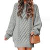 European & American Women's Oversized Cable Knit Sweater Dress - Round Neck, Long Sleeve, Mid-Length, Warm