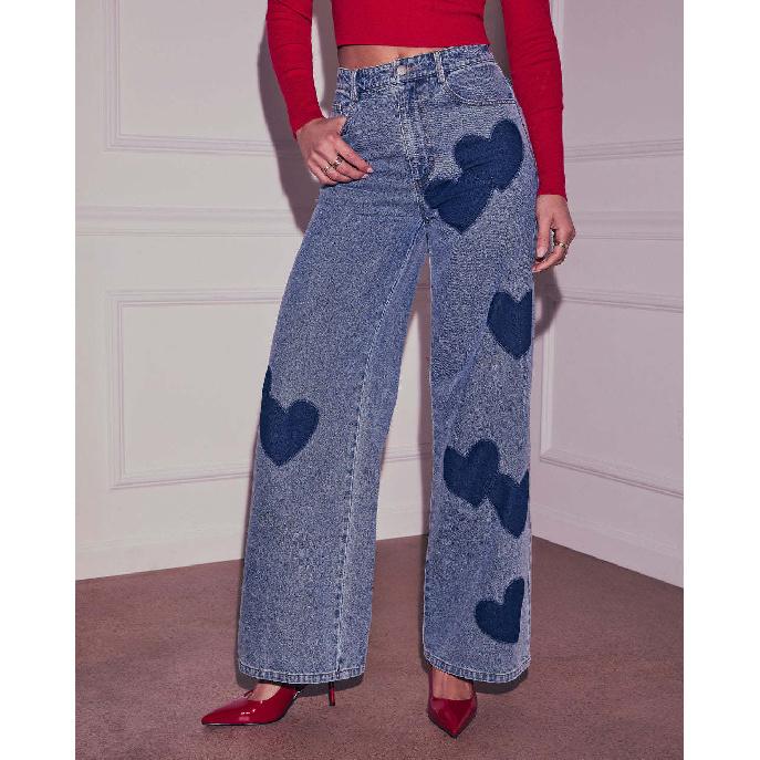 2026 Spring/Summer Heart Print Wide-Leg Jeans Vintage Loose Casual Jeans S синий